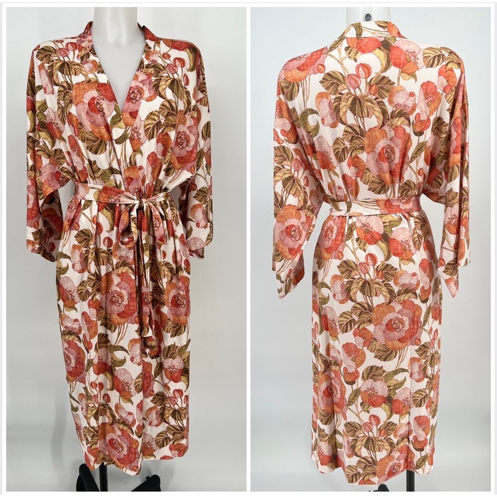 Garnet Hill Floral Satin Robe in Coral, Olive & Cream